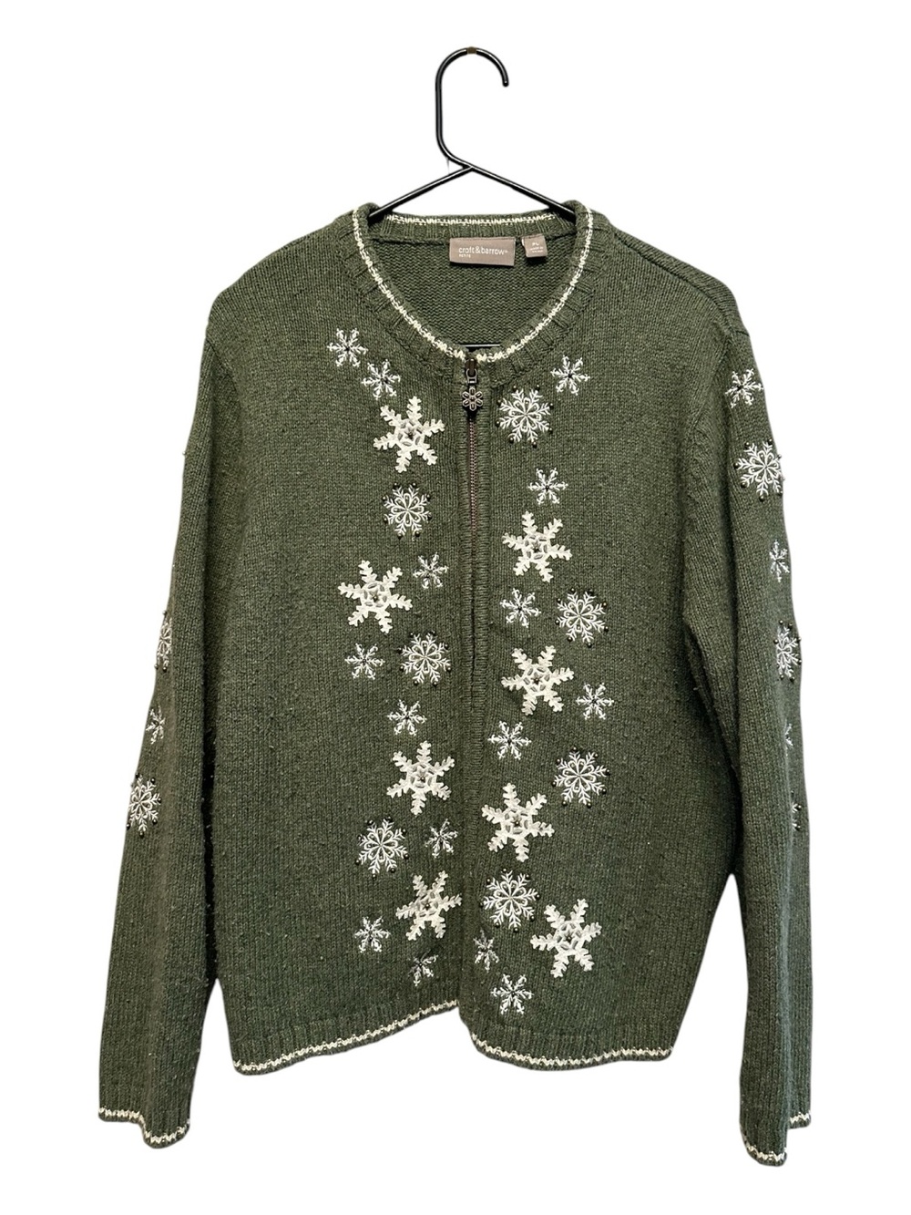 Vintage Y2K Croft & Borrow Olive Green Zip-Front Snowflake Crewneck Sweater LP